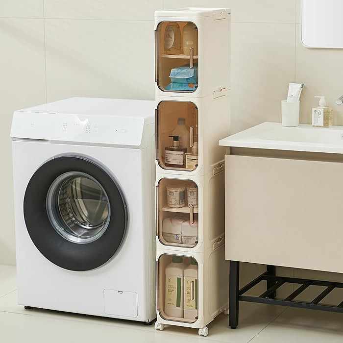 4-Tier Tall Narrow Storage Cabinet- Plastic Slim Bathroom Storage Organizer with Magnetic Doors,A... | Amazon (US)