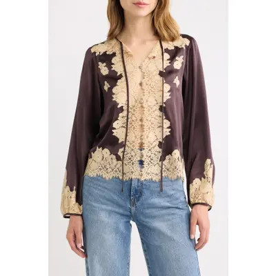 DÔEN Lucine Lace Trim Silk Button-Up Shirt in Candlelight at Nordstrom, Size Medium | Nordstrom