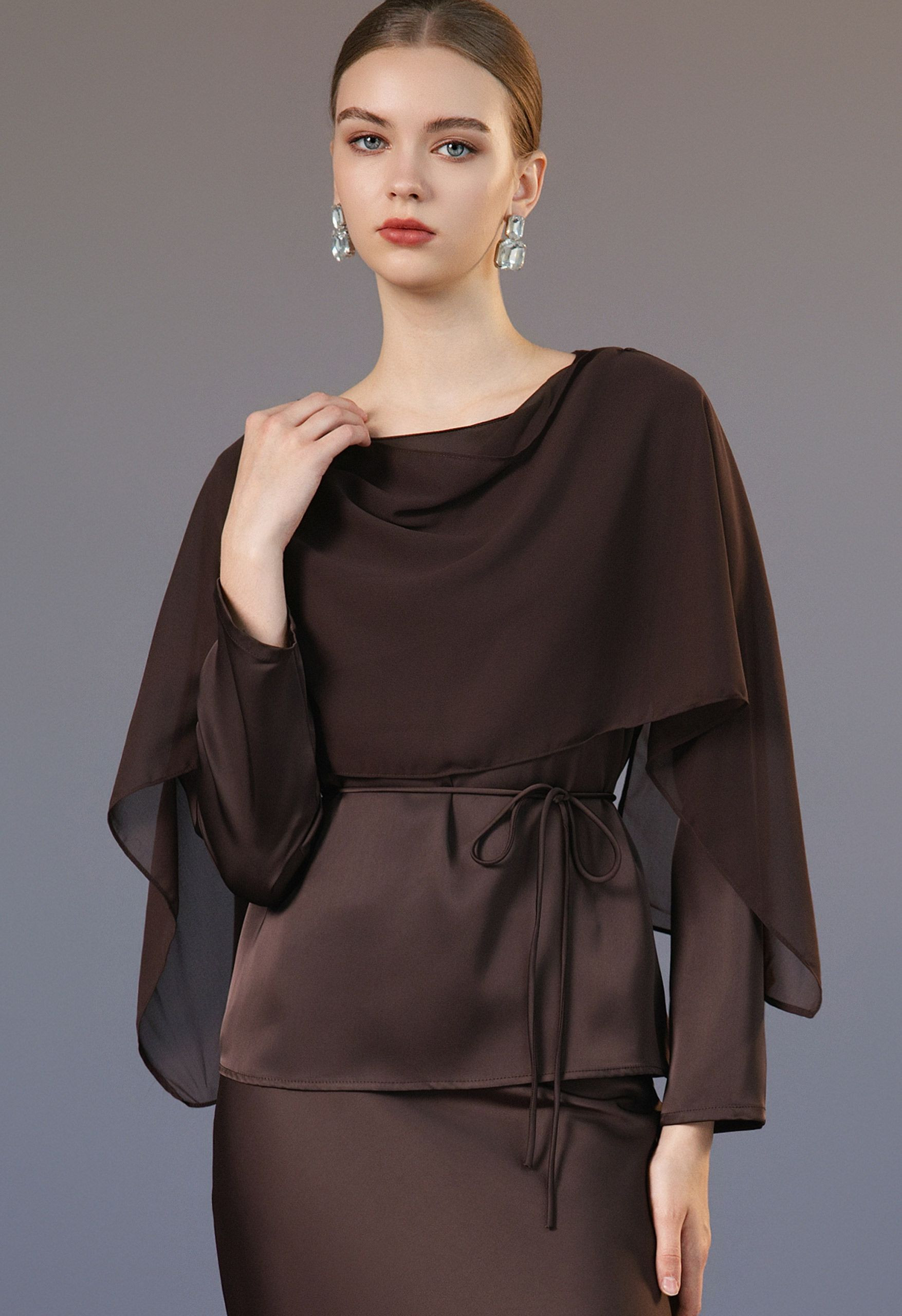 Tie-Waist Chiffon Capelet Satin Twinset Top in Brown for Casual Meetings & Dinner Dates | Chicwish