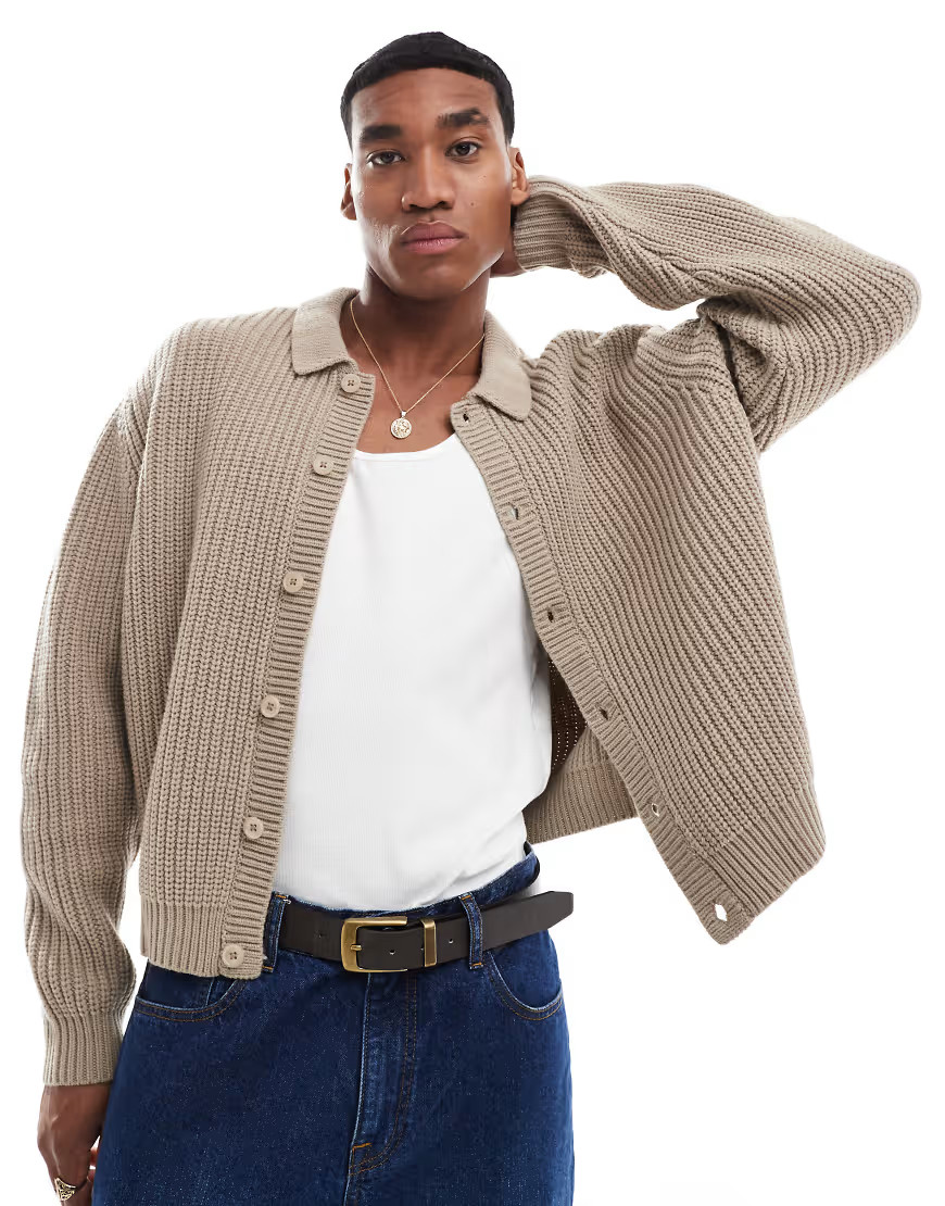 ASOS DESIGN oversized heavyweight knitted wool mix button through cardigan in taupe-Neutral | ASOS (Global)
