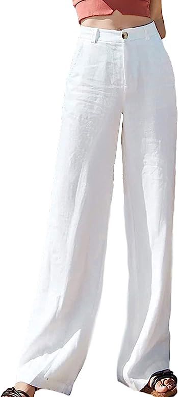 Hooever Womens Casual High Waisted Wide Leg Pants Button Up Straight Leg Trousers (White-XL) at A... | Amazon (US)