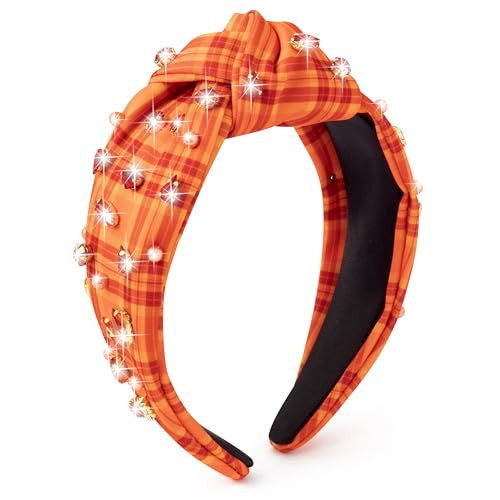 PANTIDE Fall Jeweled Knotted Headband - Thanksgiving Day Gift Hair Accessories Pearl Rhinestone Embellished Headband Autumn Fashion Hairband Birthday Wedding for Women Girl (Orange Red) | Amazon (US)