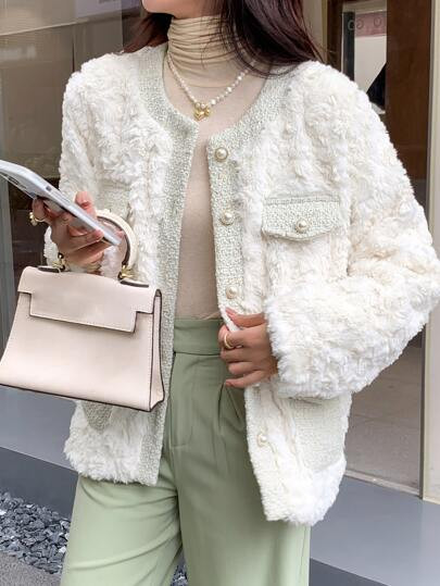 DAZY Contrast Trim Drop Shoulder Teddy Coat | SHEIN