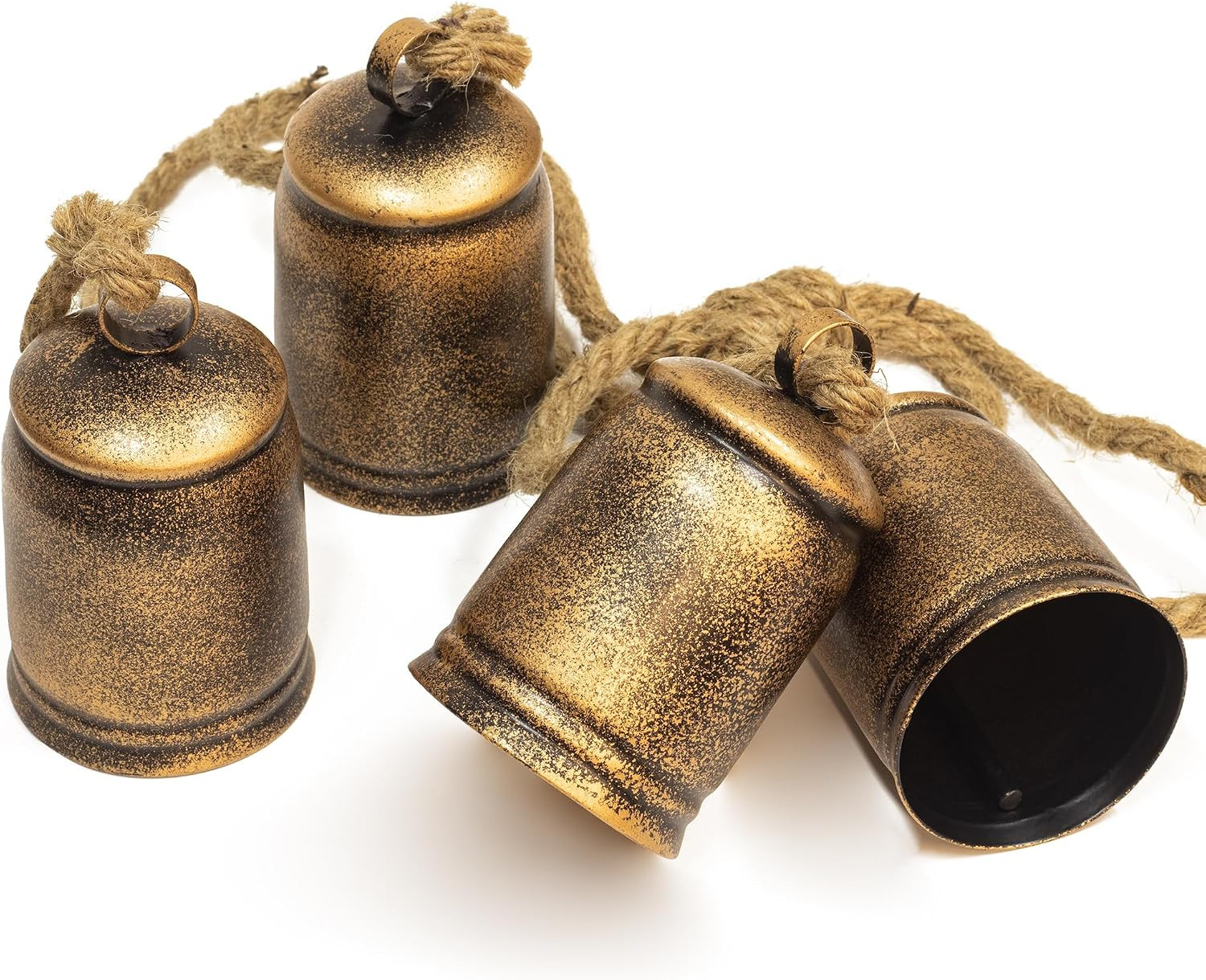 KI Store Cylinder Christmas Bell Cluster 4pcs Hanging Metal Cow Bells on Jute Rope for Wreath Garland Christmas Fireplace Mantel Porch Towel Ladder Wall Decor 28-Inch | Amazon (US)