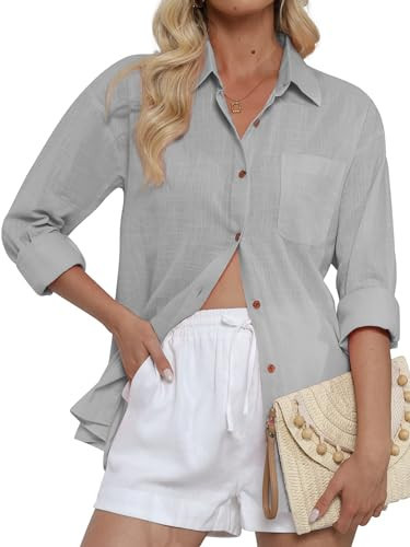 Gray Long Sleeve Shirt Women Blouses & Button-Down Shirts Soft Linen Muslin Cotton Blend v-Neck Long-Sleeve Blouse Womens Boho Work Coastal Grandmother Summer Beach Attire greyshirt Grey Size L | Amazon (US)