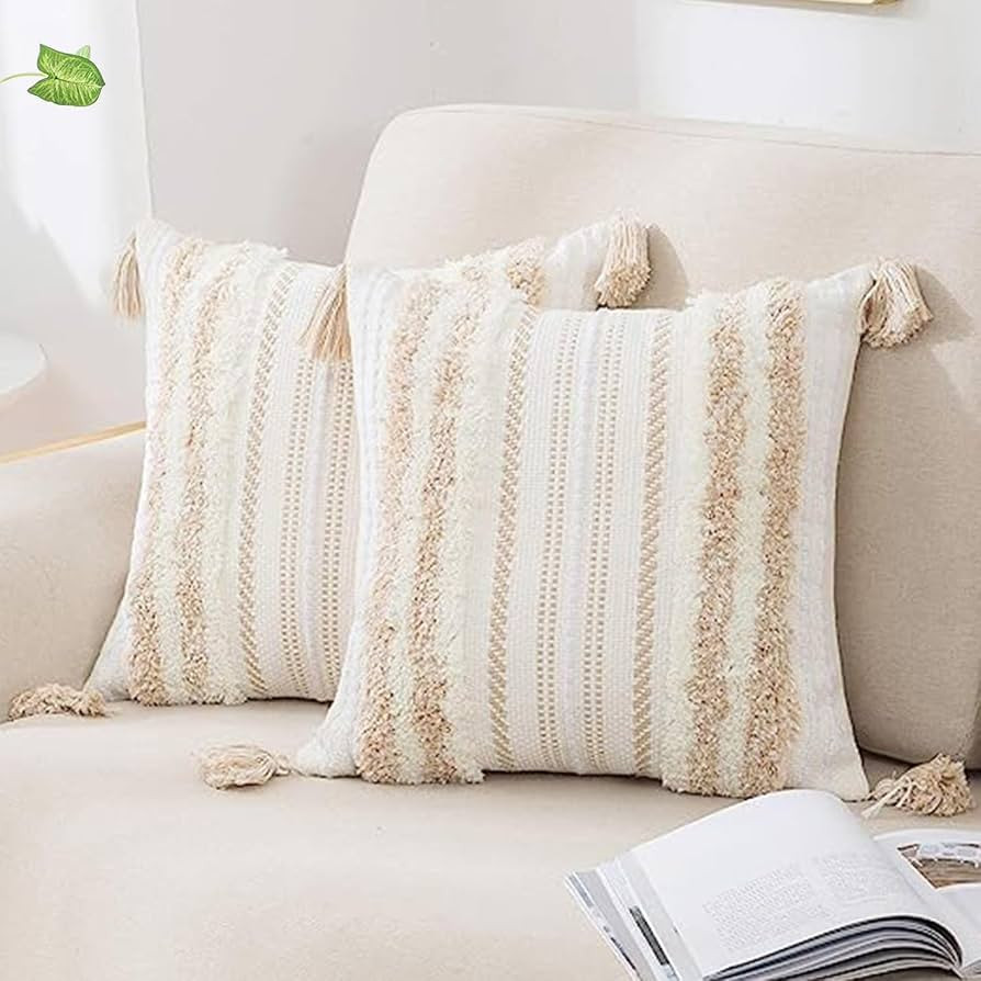 decorUhome Summer Decorative Boho Throw Pillow Covers 18x18 Set of 2, Accent Neutral Textured Tuf... | Amazon (US)
