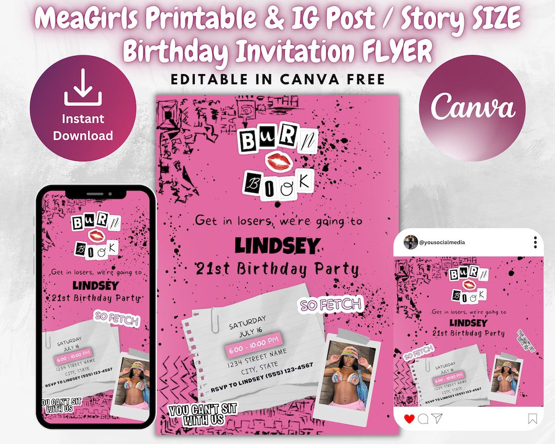Mean Girls Inspired Printable Birthday Invitation Template Instagram Post & Story Mean Girl's Fly... | Etsy (US)