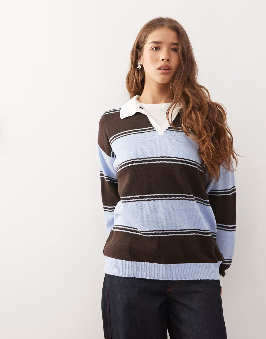 Reclaimed Vintage oversized knitted rugby polo in blue and brown stripe | ASOS (Global)