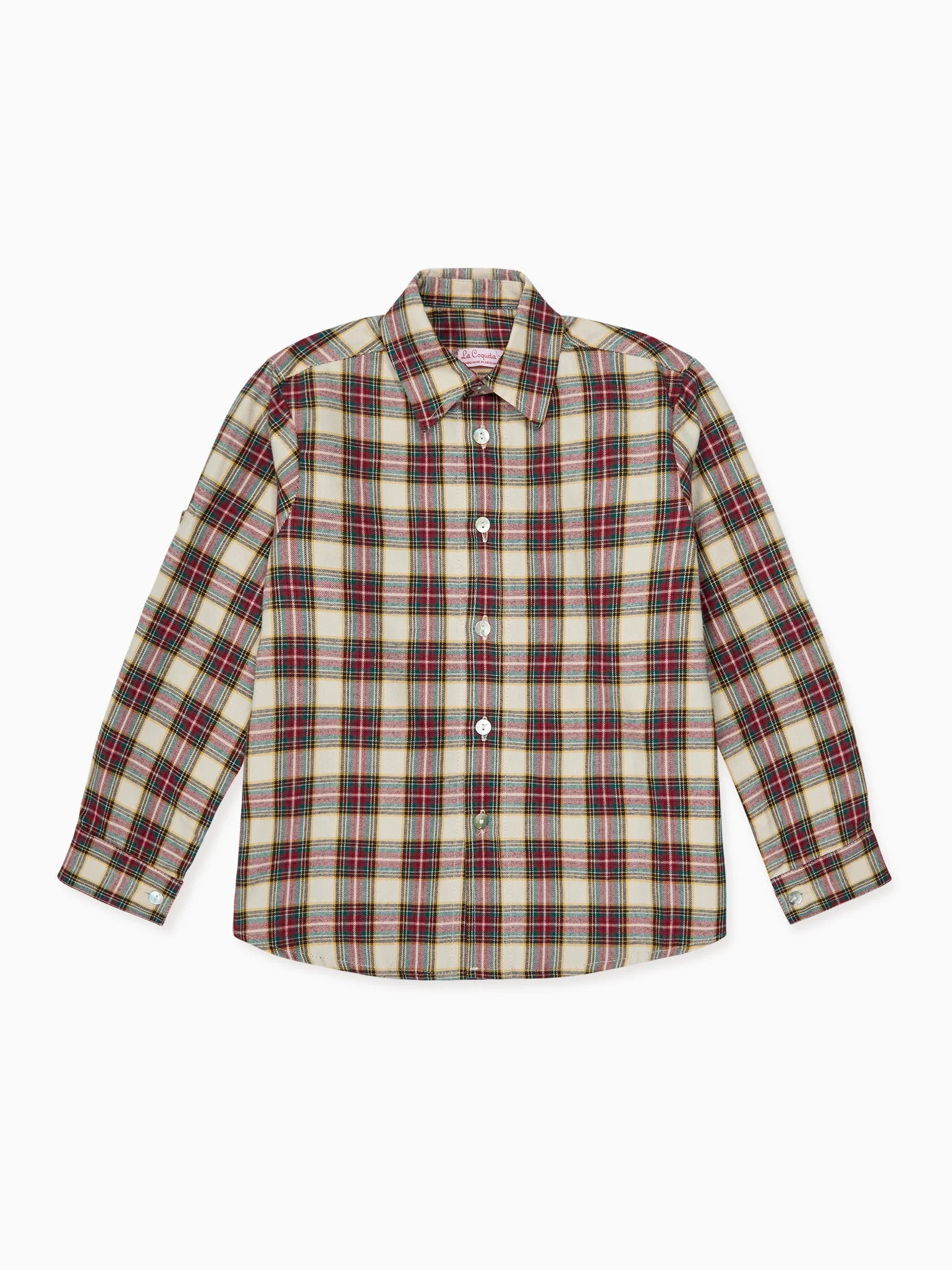 Ivory Tartan Nico Long Sleeve Boy Shirt | La Coqueta (US)
