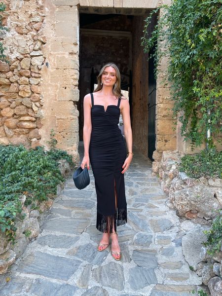 Wedding guest dress
Size 8 in the warehouse black fringed dress, EMILY20 for an extra 20% off 
Monica Vinader earrings and gold bangle
Zara gold heels 