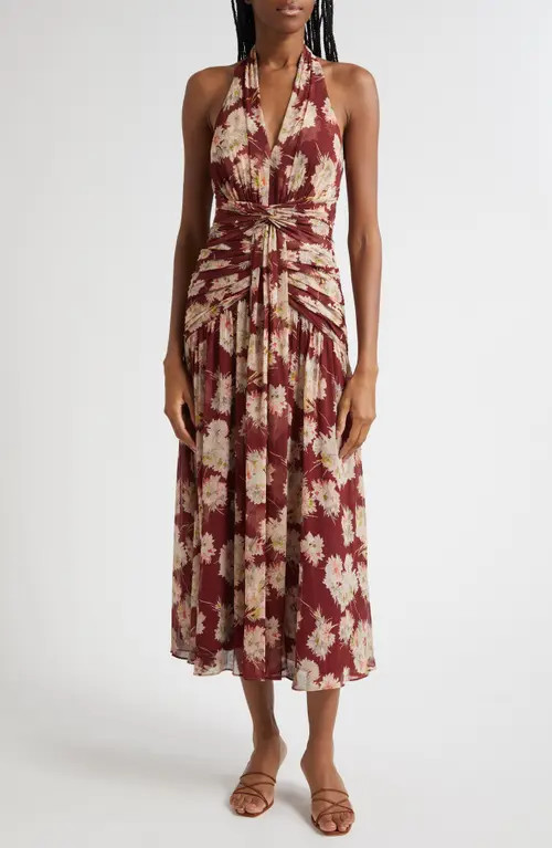 Cinq à Sept Mae Bouquet Floral Print Halter Dress in Wineberry Multi at Nordstrom, Size 6 | Nordstrom