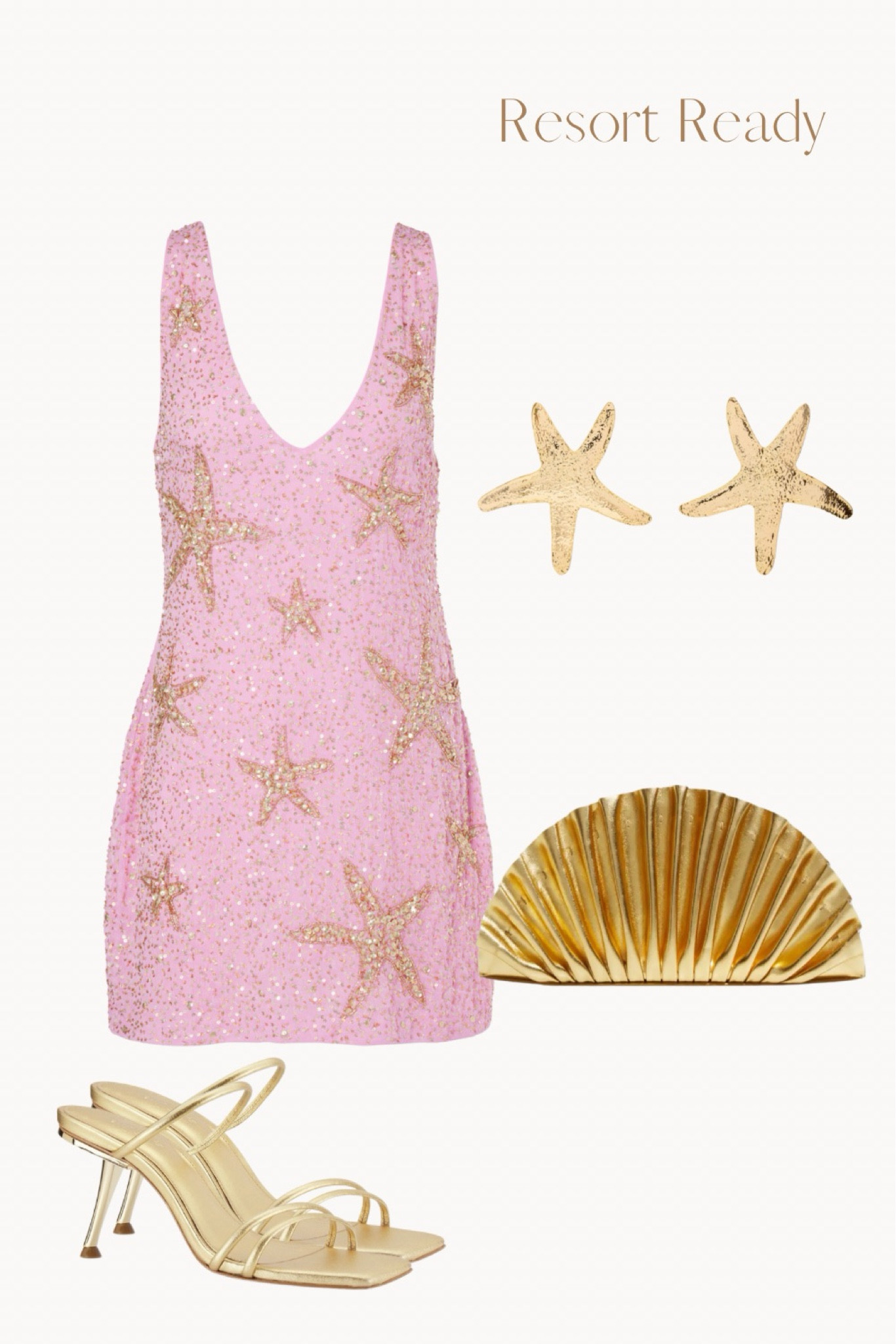 Resort Ready. Pink starfish dress, starfish earrings, gold heels, gold clutch, gold ruffle clutch, summer outfit, vacation outfit, beach outfit, date night outfit, summer dress, beaded dress, starfish dresss

#LTKSeasonal #LTKItBag #LTKShoeCrush