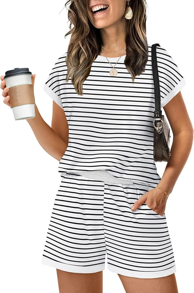 WIHOLL Two Piece Sets for Women Summer Lounge Short Sets Cap Sleeve Crew Neck Sweatsuit with Pock... | Amazon (US)