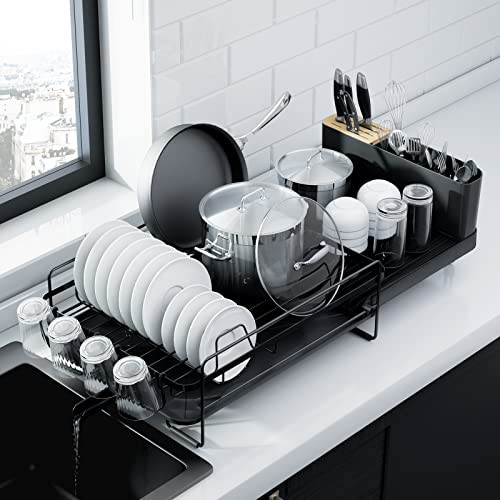 Kitsure Large Dish Drying Rack - Extendable Dish Rack, Multifunctional Dish Rack for Kitchen Counter, Anti-Rust Dish Drainers with Cutlery & Cup Holders 19.2"-26.7" L x 12.9" W, Black | Amazon (US)
