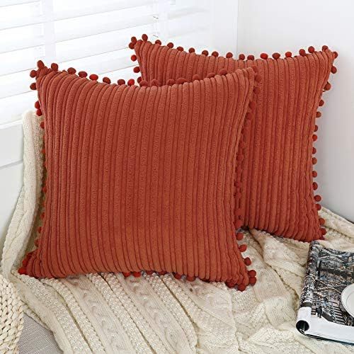 Oirpro Burnt Orange Pillow Covers 18x18 inch with Pom-poms Set of 2 Corduroy Farmhouse Boho Accent D | Amazon (US)