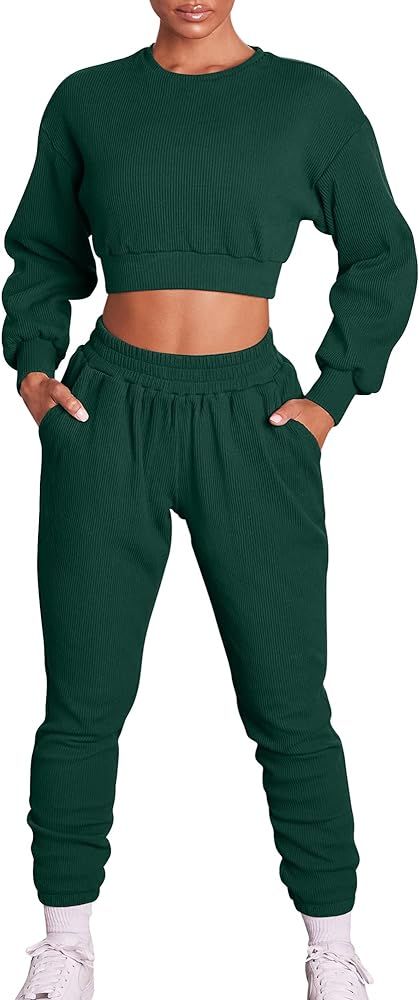 Mizoci Women's 2 Piece Outfits Workout Tracksuit Long Sleeve Crop Top Jogger Pants Set | Amazon (US)