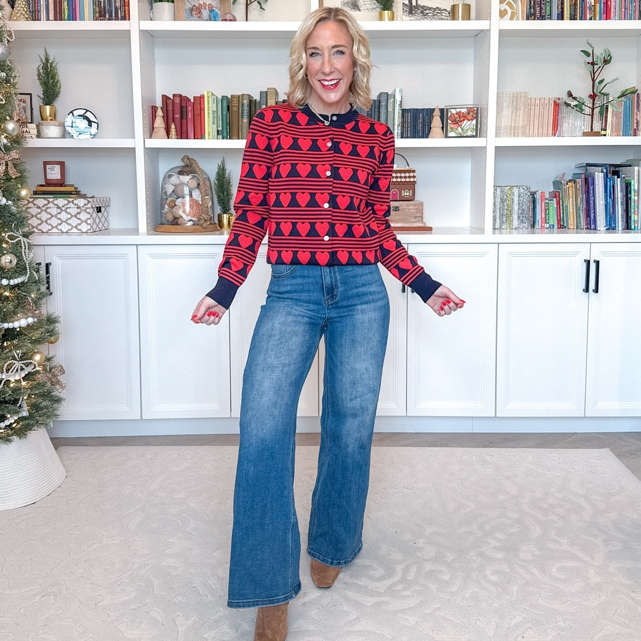 Walmart - 5 new sweaters - * Wide Leg Jeans - size 25. 

Heart Print Cardigan - size XS. $24. 2 colors. 

 

#LTKSeasonal #LTKFindsUnder50 #LTKOver40