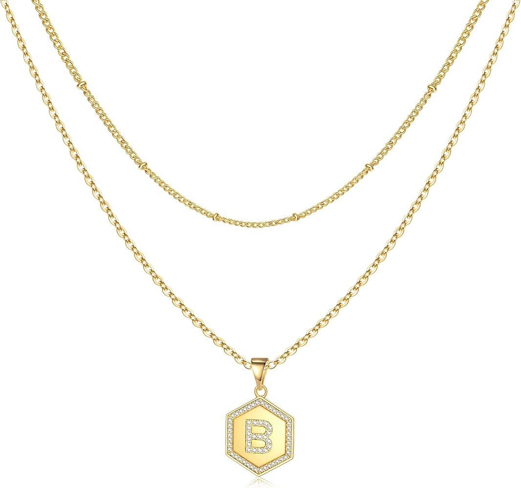 Dainty Layered Gold Initial Necklaces for Women, 14K Gold Plated Tiny Hexagon Letter Necklace Per... | Amazon (US)