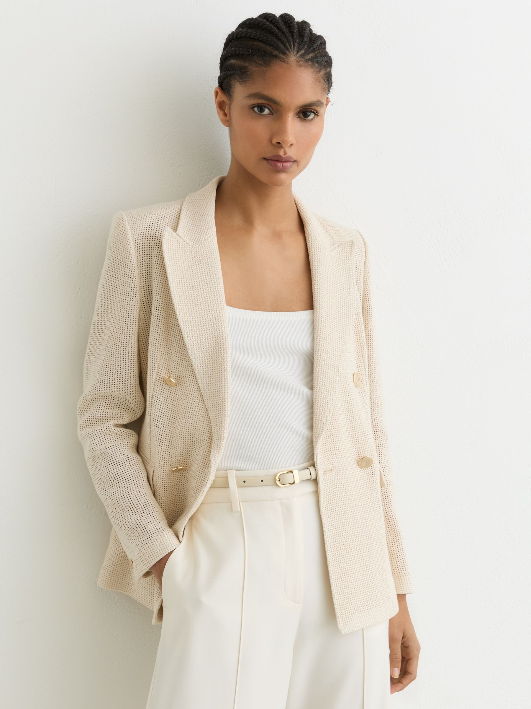 Reiss Leather Mini-Buckle Belt in Off White - REISS | Reiss UK
