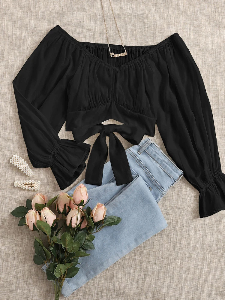 Plus Bardot Flounce Sleeve Tie Back Blouse | SHEIN