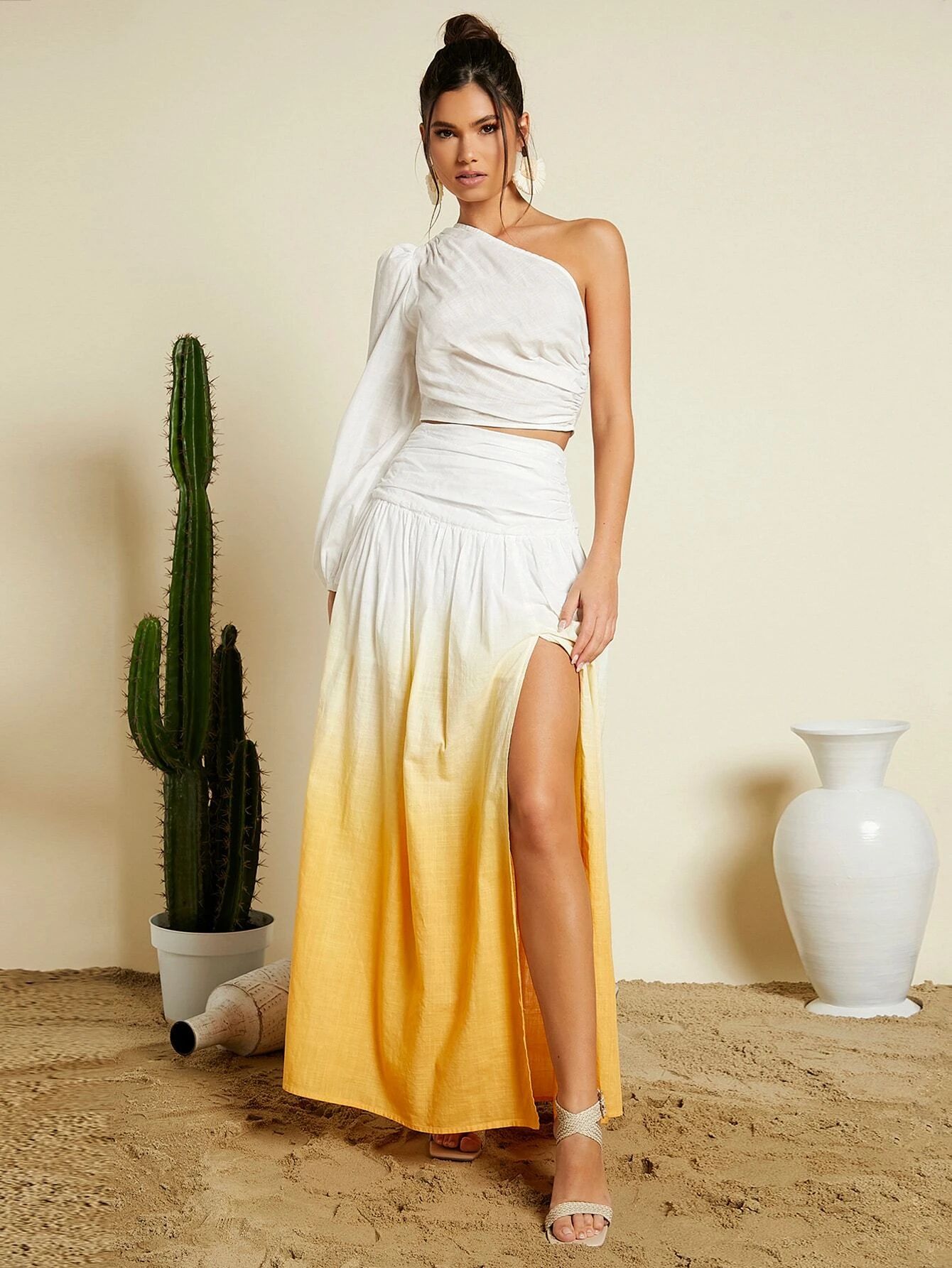 SHEIN Ombre Print One Shoulder Top & Split Thigh Skirt | SHEIN