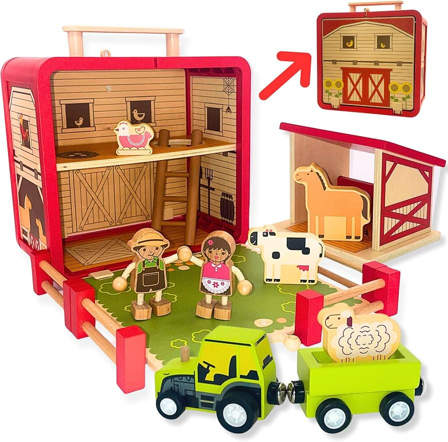 Wooden Toy Farm Playset - Toddler Toys Include Portable Barn Carrying Case, Cute Little People Fa... | Amazon (US)