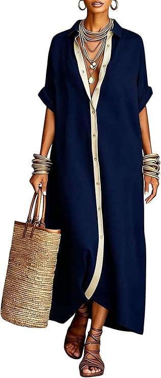 chouyatou Women's Contrast Color Button Down Shirt Dress Short Sleeve Cotton Linen Casual Loose B... | Amazon (US)