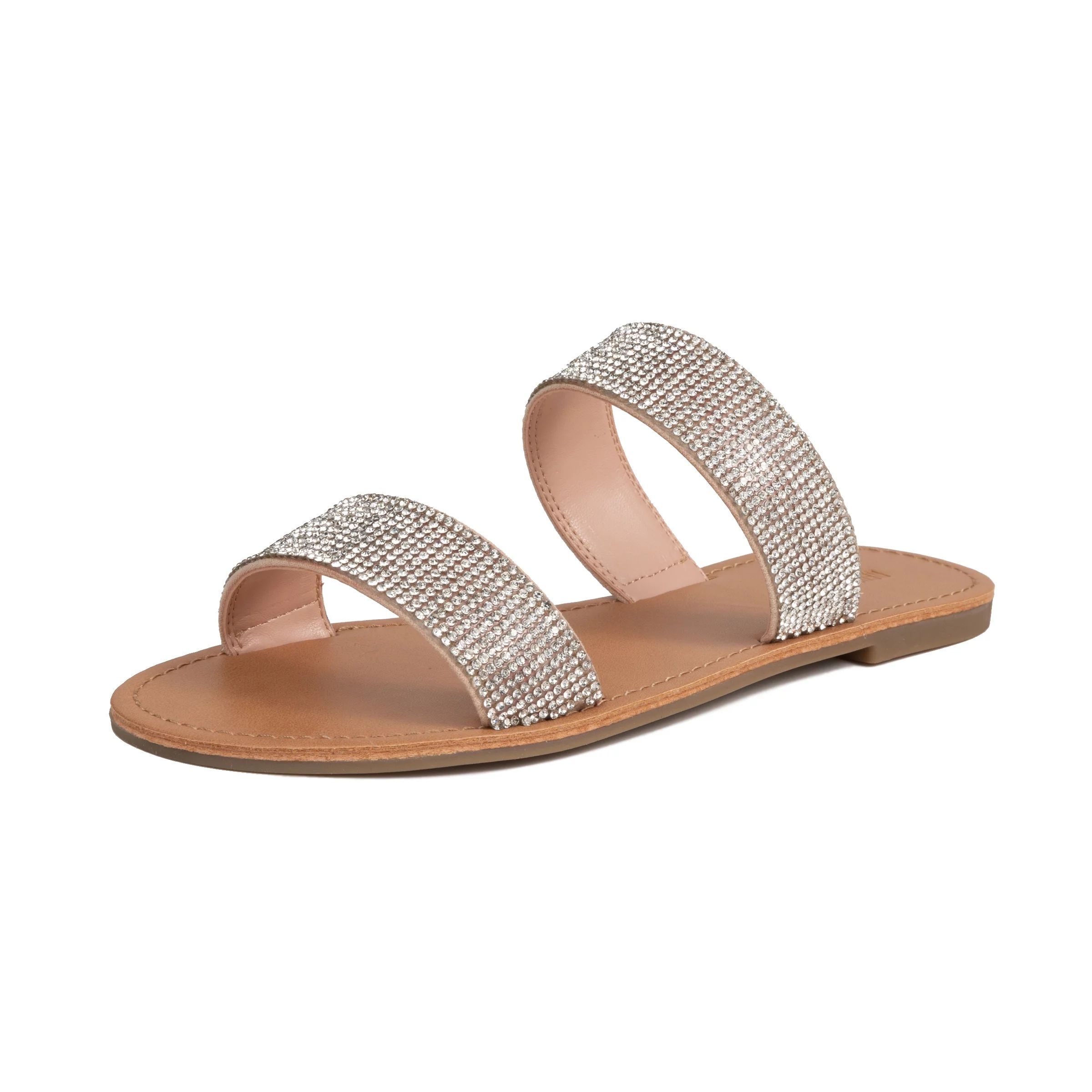 REDTOP Women's Slip on Flat Sandals, Casual Bling Rhinestone Strap Band Sandals, Open Toe Slide S... | Walmart (US)