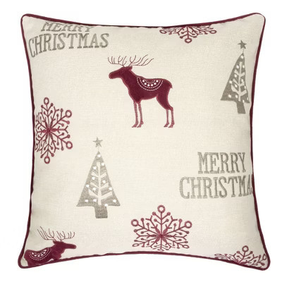 Gulches "Merry Christmas"Embroidered Throw Pillow,20x20" Poly Linen Holiday Cushion with Reindeer, Trees & Snowflakes, Mantel Decor with Bells Trim | Target