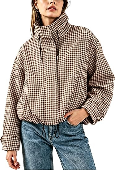 Esmeling Women Gingham Zipper Bomber Jacket Stand Collar Long Sleeve Jacket Cropped Outwear with ... | Amazon (US)
