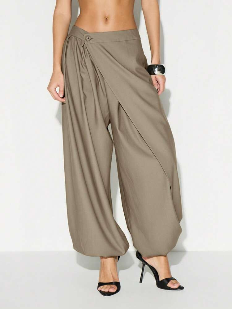 KIZN Wide Leg Palazzo Pants With Button Detail High Waist Drape Front Cropped Ankle Length Bohemian Style Flowing Bottoms | SHEIN