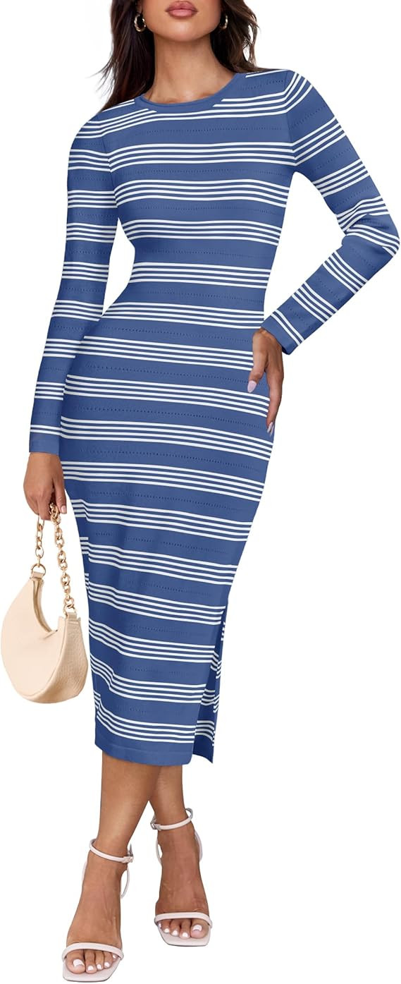ZESICA Women's Fall Long Sleeve Striped Knit Midi Dresses Crewneck Side Slit Bodycon Sweater Dres... | Amazon (US)