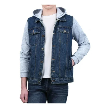 Men's Hoodies Jean Patchwork Sleeves Button Down Denim Jackets L Blue | Walmart (US)