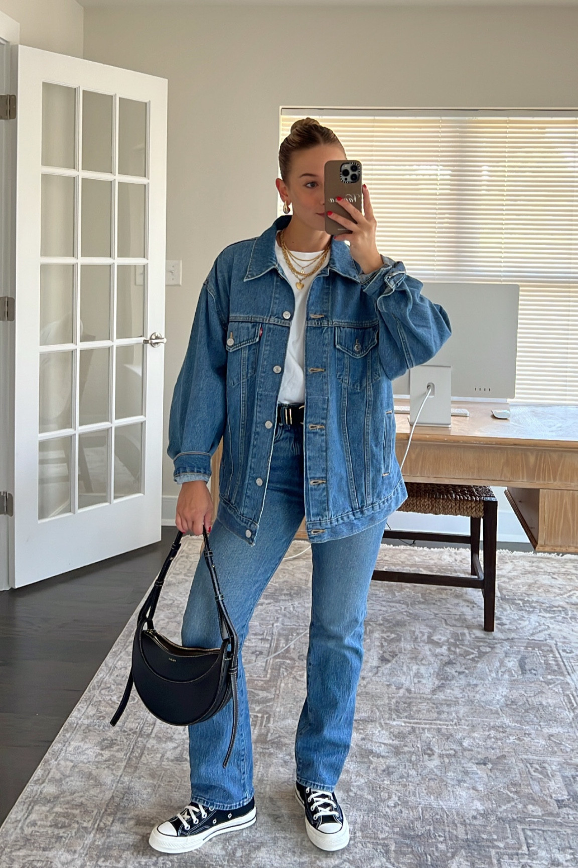denim on denim season 🤭 denim on denim outfit, 90s jeans, 90s straight jeans, medium wash denim, Madewell jeans, basic tshirt, everyday outfits, everyday style, fall style inspo, fall outfits, fall fashion trends 2023, denim jacket, jean jacket, oversized denim jacket, black converse, platform converse outfits