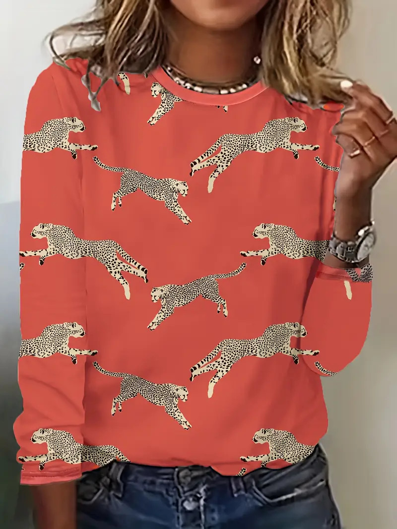 Leopard Print Crew Neck T shirt Casual Long Sleeve Top - Temu | Temu Affiliate Program