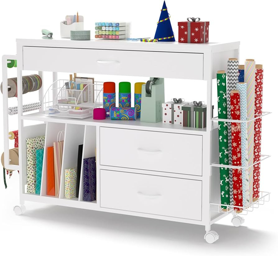 Christmas Wrapping Paper Storage & Organizer, Craft Cart with Ribbon & Gift Bag Storage, Wrapping... | Amazon (US)