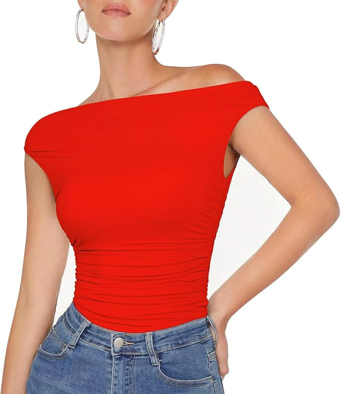 OMKAGI Women One Off Shoulder Y2K Tops Double Lined Slim Fit T Shirts Basic Tees | Amazon (US)