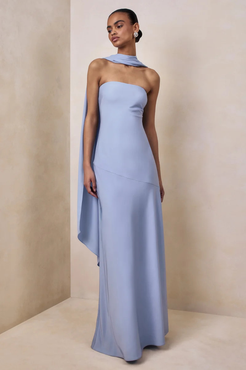 Charly  Powder Blue Matte Satin Bandeau Maxi Dress With Scarf-Detail | Club L London