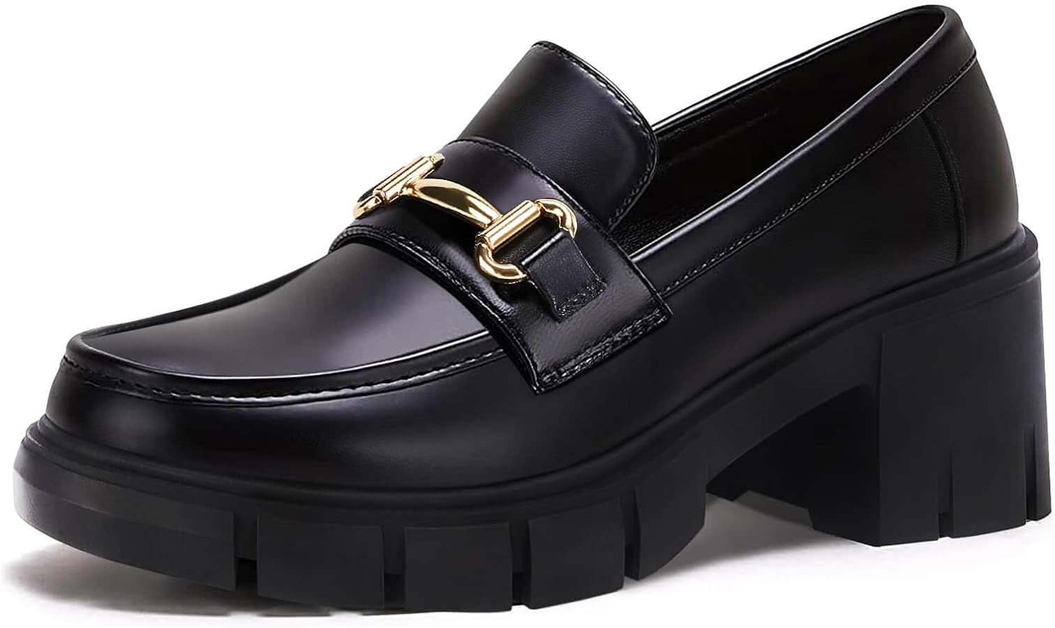 Coutgo Womens Chunky Platform Lug Sole Loafers Mid Heel Square Toe Dress Walking Work Shoes with ... | Amazon (US)