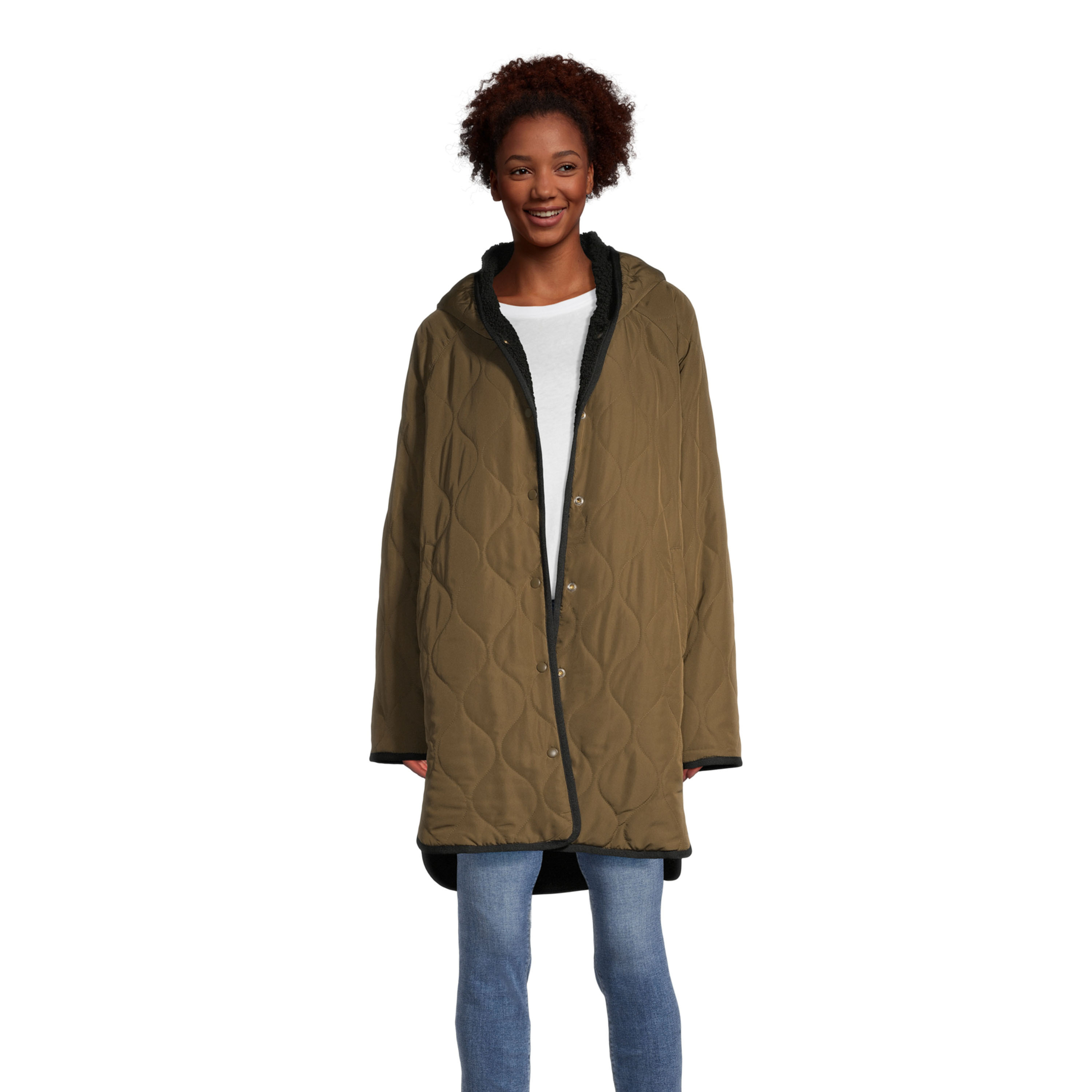 Olive Green and Black Sherpa Reversible Hooded Jacket with Pockets | World Market