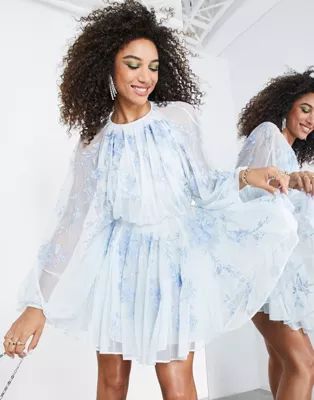 ASOS EDITION floral embroidered mesh mini dress with blouson sleeves in pale bluewindow.asos.perf... | ASOS (Global)