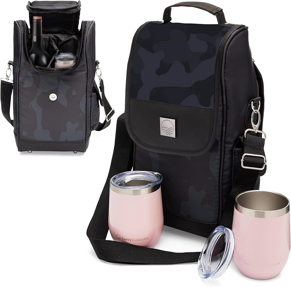 Savvy Outdoors Wine Tote Bag with Stemless Wine Glasses - Bottle Wine Bag with 2 Premium Insulate... | Amazon (US)