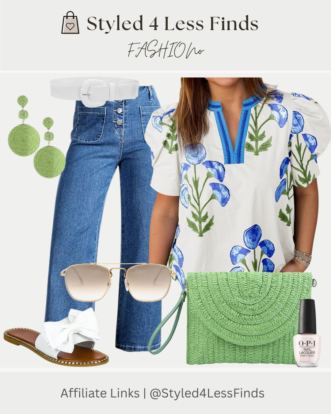 Blue + green might be my new favorite combo for summer 💙💚 This look is giving effortless vacation style with a pop of color and easy pieces you can mix and match all season long. The printed blouse paired with wide leg denim feels polished but still comfy enough for everyday wear.

Style Tip: When wearing a bold printed top, keep the accessories in the same color family for a pulled-together look without overthinking it. The green woven bag + statement earrings tie everything together perfectly ✨ 

 #LTKcanada #LTKsummer #LTKover50style