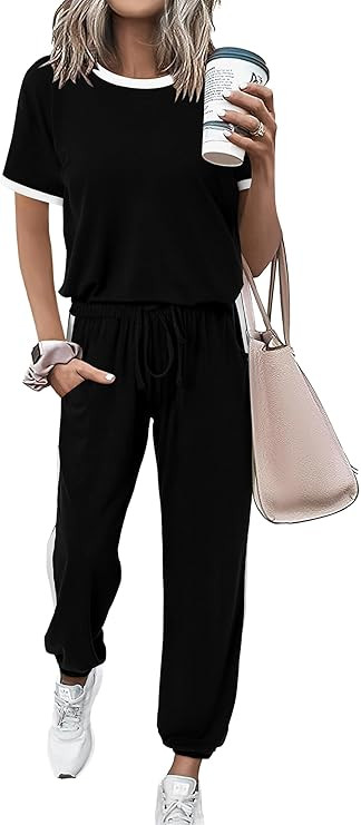 MASCOMODA Womens 2 Piece Outfits 2026 Summer Tracksuit Sets Short Sleeve Tops Travel Long Pants J... | Amazon (US)