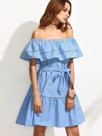 Blue Tie Waist Hollow Insert Ruffle Off The Shoulder Dress | SHEIN