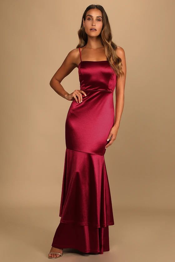 Contemporary Romance Red Satin Tiered Mermaid Maxi Dress | Lulus (US)