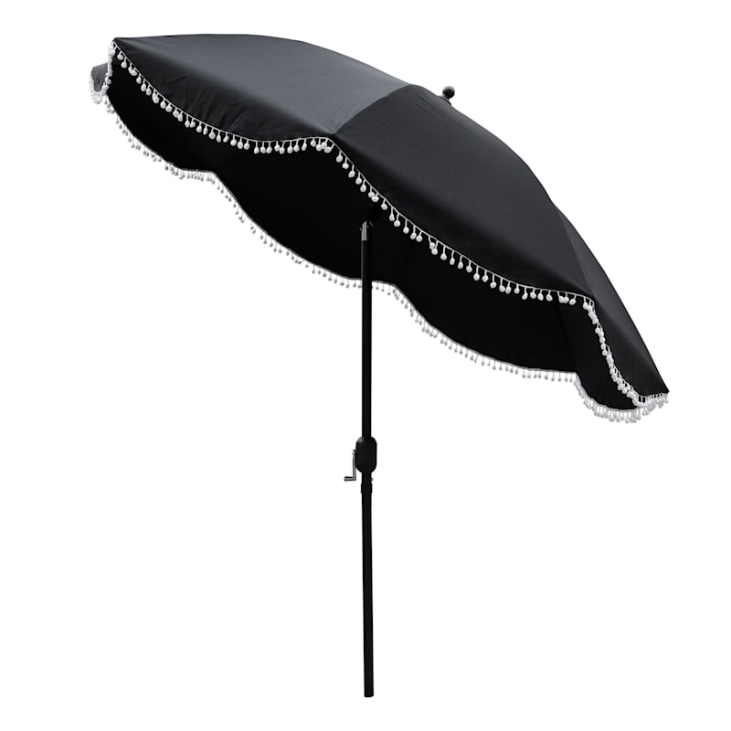 Black Outdoor Crank & Tilt Umbrella with Pom-Pom Fringe, 9' | At Home