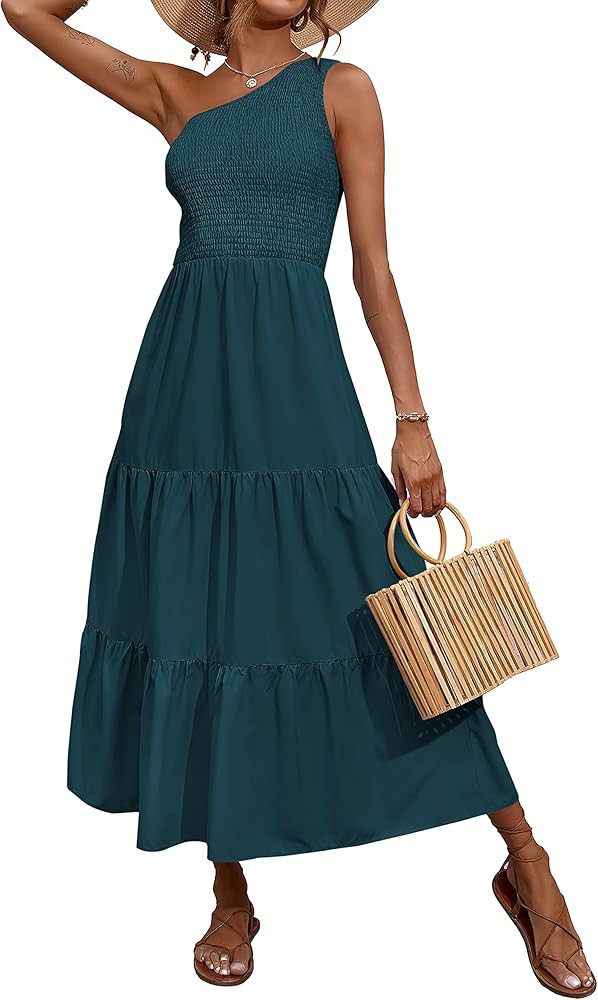 BTFBM 2025 Summer One Shoulder Dresses for Women Casual Sleeveless High Waist Floral Flowy Smocke... | Amazon (US)