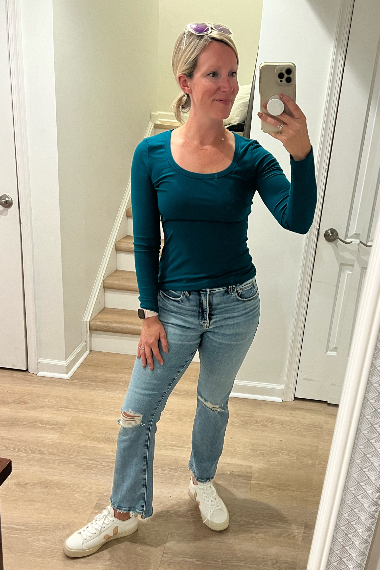 My new favorite long sleeved shirt for fall and winter! Comes in a ton of colors and washes well / doesn’t shrink! Also love these jeans - super stretchy and comfortable. For the shoes these are the white / platine gold! Wearing a small in the shirt and a 2/26 in the jeans. 134 lbs and 5’4” for reference!

#LTKOver40