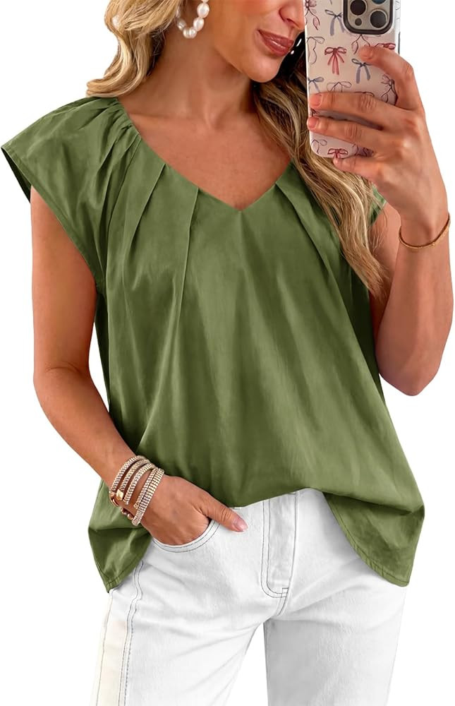Tankaneo Womens Cap Ruffle Sleeve Tops Summer Dressy Casual V Neck Pleated Blouses Loose Fit Cott... | Amazon (US)